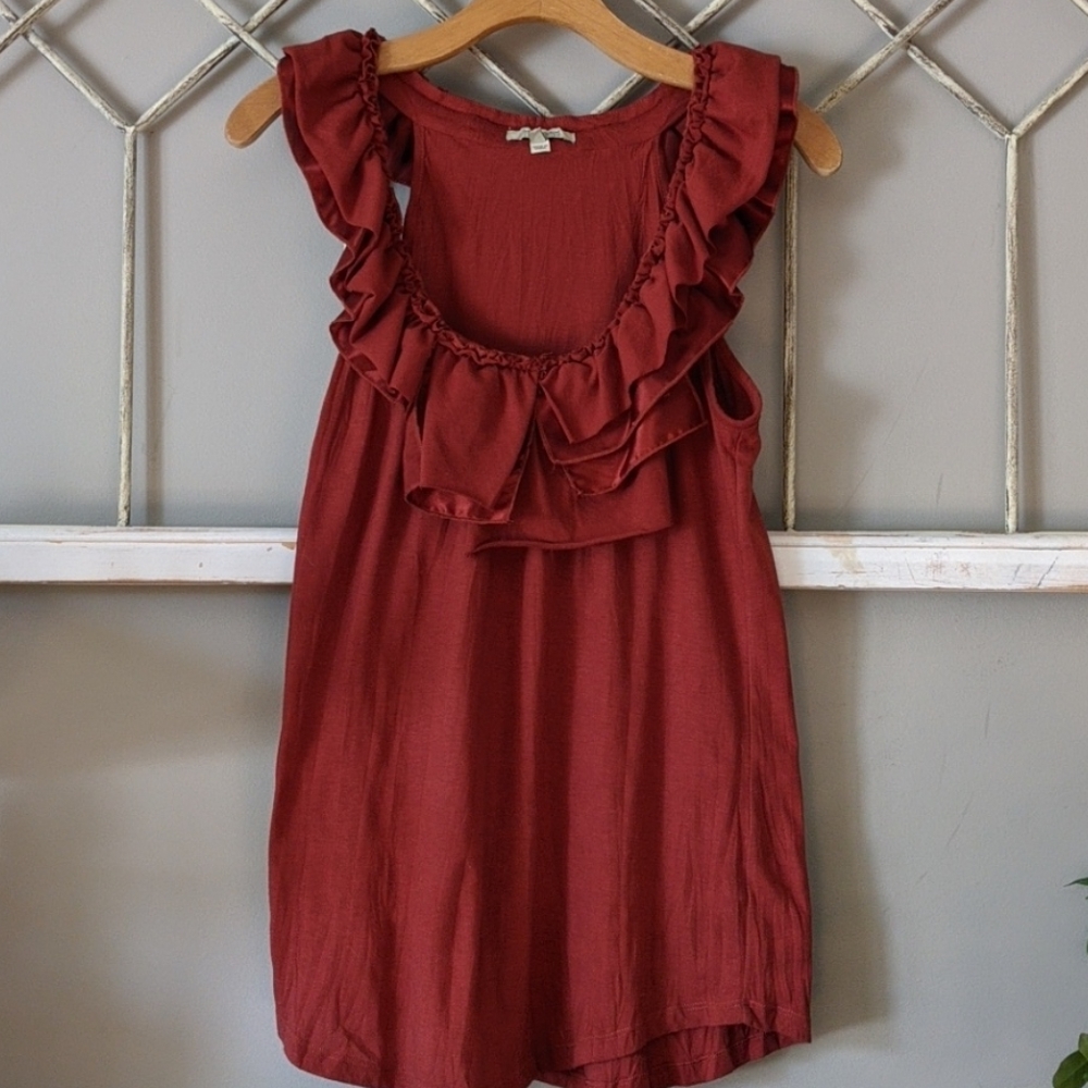 Anthropologie Bordeaux ruffled sleeveless top